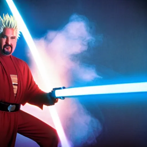 Image similar to Guy Fieri in Star Wars, Jedi Knight, blue light saber, cinestill 400t film, 35mm lens, by Stanly Kubrick, dim scene, smoke, fog