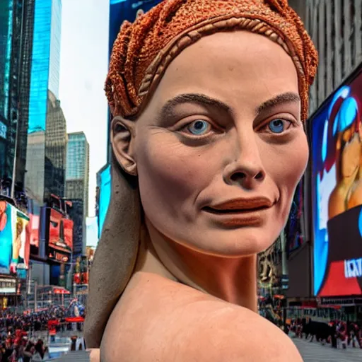 Prompt: extreme long - shot photograph of a renaissance clay sculpture of margot robbie wearing a phrygian cap in times square, made by michelangelo, very detailed, sharp focus, 8 k resolution, ray tracing