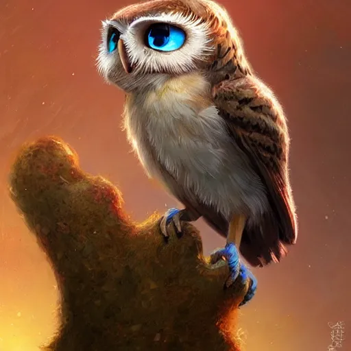 Image similar to a small brown elf owl with blue eyes, artstation, by Anna Podedworna