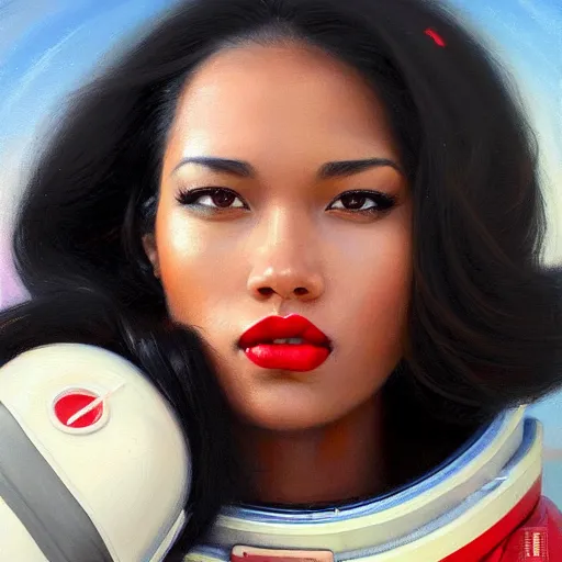 Image similar to a portrait of a very WOC beautiful woman in a spacesuit, brown eyes, shoulder-length black hair, red lips, bored, illustration, soft lighting, soft details, painting oil on canvas by mark arian by artgerm, trending on artstation, 4k, 8k, HD