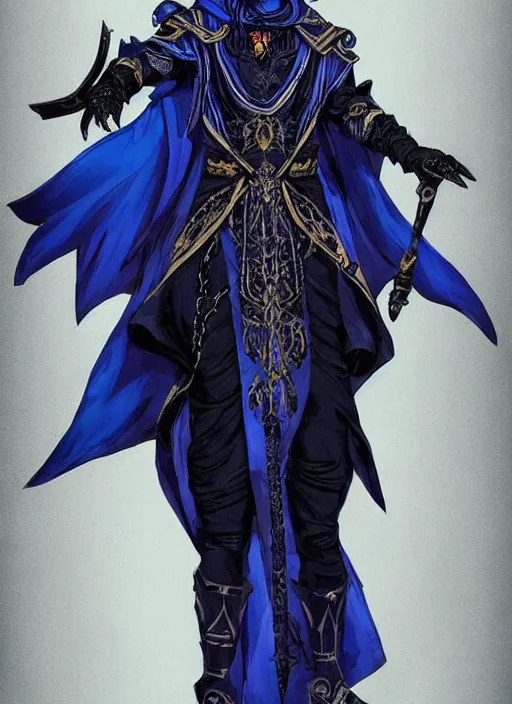 Prompt: half body portrait of male drow blood mage in ornate dark blue robe. in style of yoji shinkawa and hyung - tae kim, trending on artstation, dark fantasy, great composition, concept art, highly detailed, dynamic pose, vibrant colours.