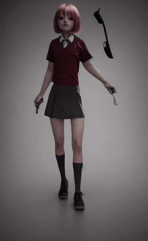 Image similar to school girl holding a knife, gloomy and foggy atmosphere, octane render, cgsociety, artstation trending, horror scene, highly detailded