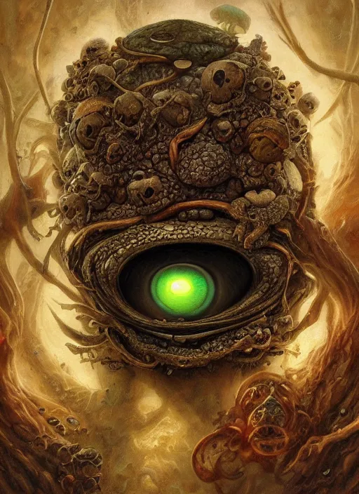 Image similar to mushroom trip mf doom reptile eyes, mushroom skin. intricate, elegant, highly detailed, centered, digital painting, artstation, concept art, smooth, sharp focus, illustration, artgerm, tomasz alen kopera, peter mohrbacher, donato giancola, joseph christian leyendecker, wlop, frank frazetta