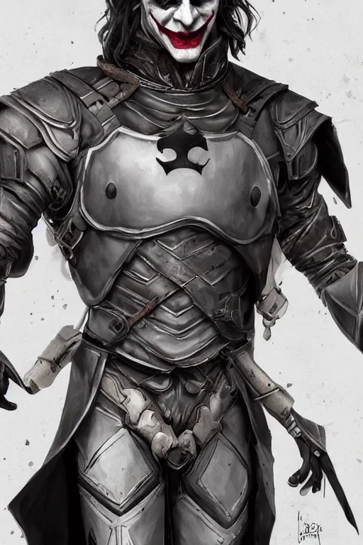 Image similar to Joker wearing armor, full character, artstation, highly detailed, highly realistic