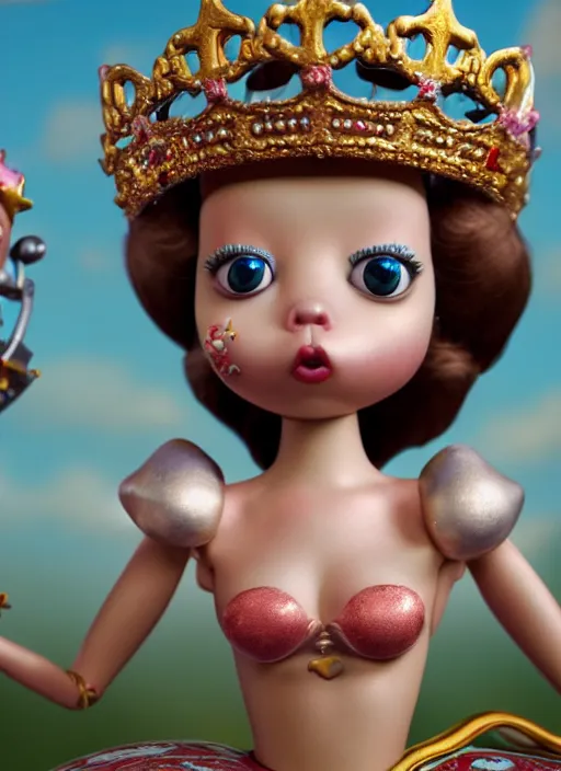 Image similar to highly detailed closeup, face profile portrait of a tin toy fairytale princess wearing a crown eating cakes, bikini, unreal engine, by nicoletta ceccoli, mark ryden, lostfish, dan decarlo, bob clampett, max fleischer, global illumination, detailed and intricate environment