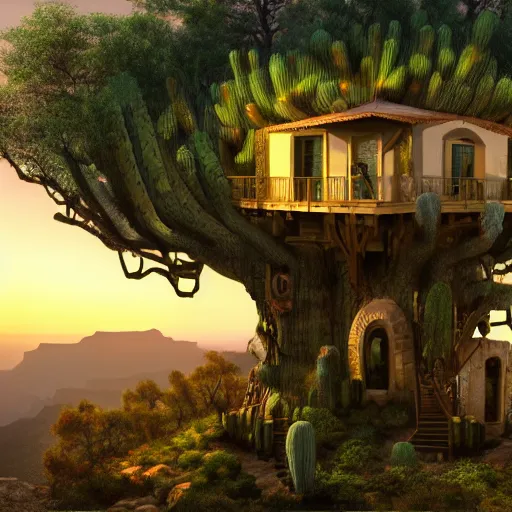 Image similar to fancy treehouse mansion built in a giant cactus on top of plateau with amazing view of sunset over the grand canyon detailed luminescent magical realism painting 4 k