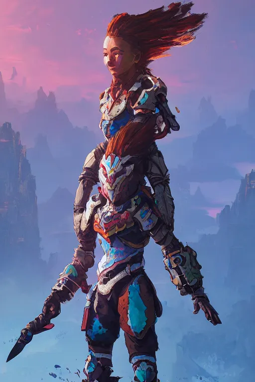 Image similar to combination suit armor aloy horizon forbidden west horizon zero dawn radiating a glowing aura global illumination ray tracing hdr fanart arstation by ian pesty and alena aenami artworks in 4 k tribal robot ninja mask helmet backpack