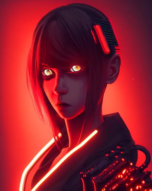 Image similar to a detailed potrait of a cyberpunk cyborg girl with black and red parts, perfect face, realistic shaded perfect face, detailed. night setting. very anime style. realistic shaded lighting poster by ilya kuvshinov katsuhiro, unreal engine, global illumination, radiant light, detailed and intricate environment