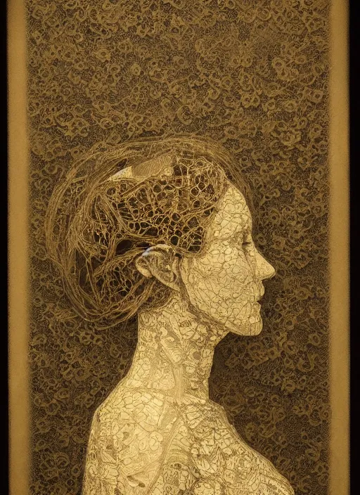 Image similar to a woman's face in profile, made of intricate decorative lace leaf skeleton, in the style of the dutch masters and gregory crewdson, dark and moody