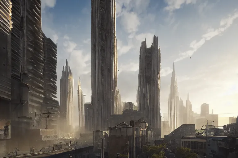 Image similar to streetscape, a towering cathedral of brutalist architecture, buildings covered with greebles, stunning volumetric light, sunset, metal, concrete and translucent material, stunning skies, majestic landscape, trending on Artstation, 8k, photorealistic, hyper detailed, unreal engine 5, IMAX quality, cinematic, epic lighting, in the style of Greg Rutkowski