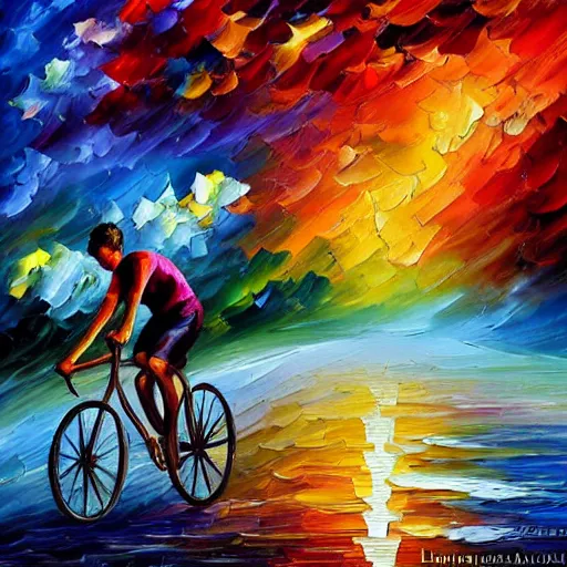 Image similar to A whimsical painting of a happy man flying in the sky on his bicycle in the clouds, expressive oil painting, digital art by Leonid Afremov