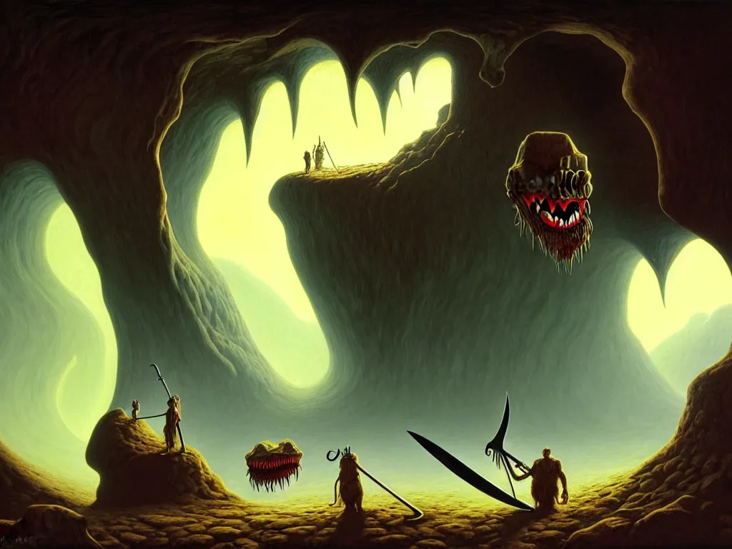 Image similar to a big mouth turns into a cave with strange bearded beings with scythes, 4 k, art by jaroslaw jasnikowski