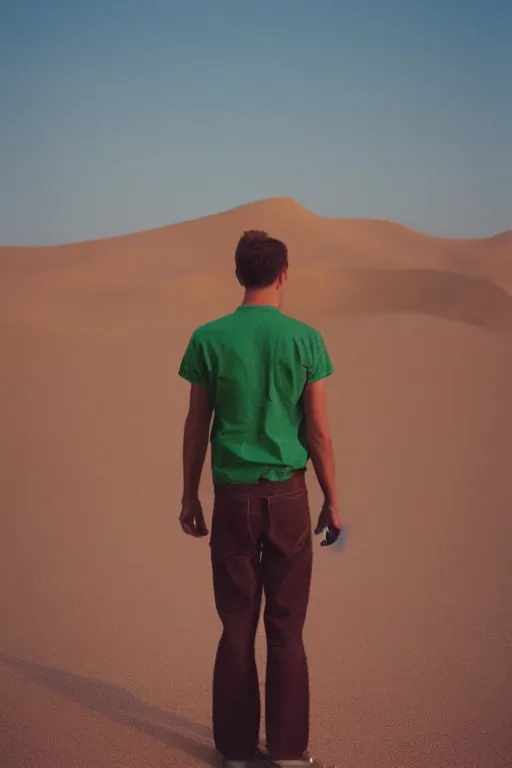 Prompt: kodak ultramax 4 0 0 photograph of a guy standing in a desert, back view, green shirt, grain, faded effect, vintage aesthetic, vaporwave colors,