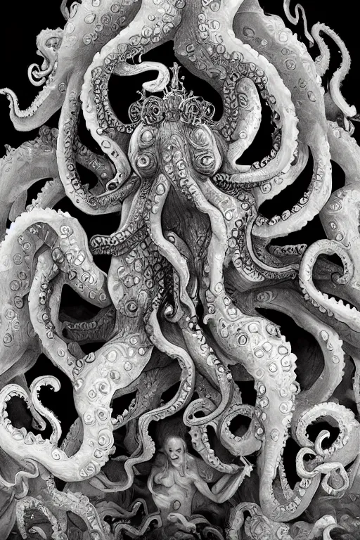 Prompt: a spectacular wideangle shot of a giant scary rococo octopus queen, award winning photography