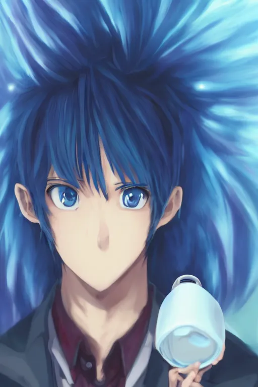 Image similar to portrait of an anime guy with messy blue hair bored while holding a cup of water, wlop, trending on artstation, deviantart, anime key visual, official media, professional art, 8 k uhd