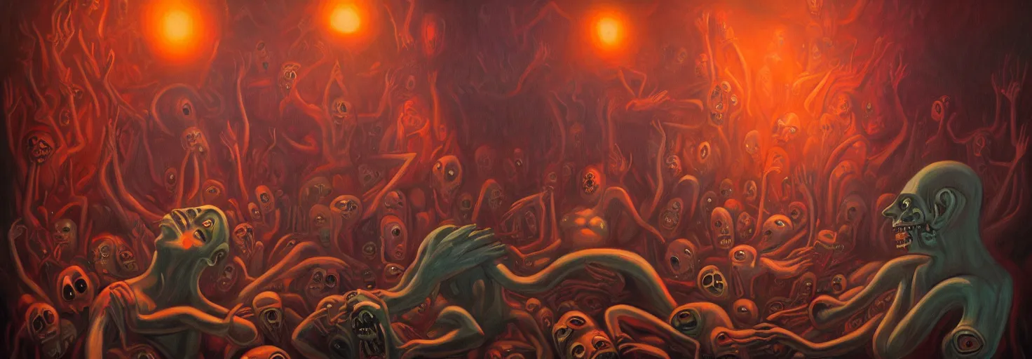 Image similar to visceral freaky obsessive monsters from the darkest depths of collective unconscious, dramatic glowing lighting, 1 9 3 0 s fleischer cartoon characters, wild emotional expressions - surreal painting by ronny khalil