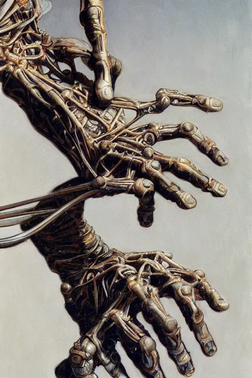 Prompt: beautiful oil painting of biomechanical hand reaching to face connected to the machine by bernie wrightson, wayne thiebaud, wayne barlowe, rembrandt, complex, stunning, realistic skin color, 4 k, high res, awardwinning, masterpiece, realistic lighting