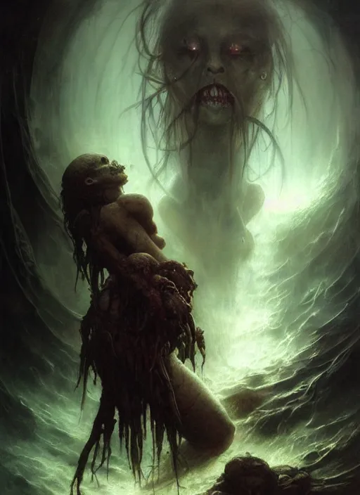 Prompt: shackled in styx river of the underworld, frank frank frazetta and cgsociety, stunning sasquatch, charlie bowater and tom bagshaw, insanely detailed, deviantart, space art, atoms surrounded by skulls, death, and spirits deep water, blood splatters, horror, sci - fi, surrealist painting, by peter mohrbacher