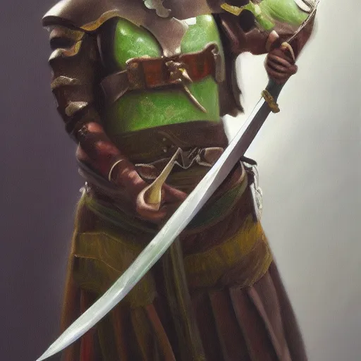 Image similar to oil painting of a jade sword hanging from the belt of a girl knight, hyperrealistic painting, deviantart, baroqe