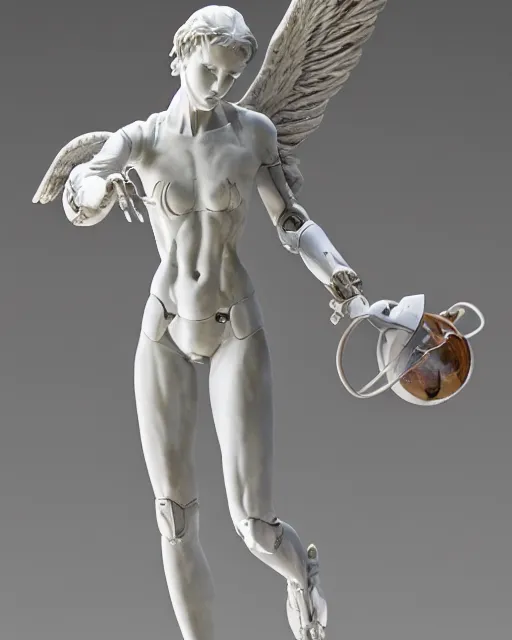 Image similar to marble sculpture of female angel with solarpunk mecha humanoid robotic parts with bright led lights, pudica pose gesture, by michelangelo, in white room, ultra - realistic and intricate, hdr 8 k