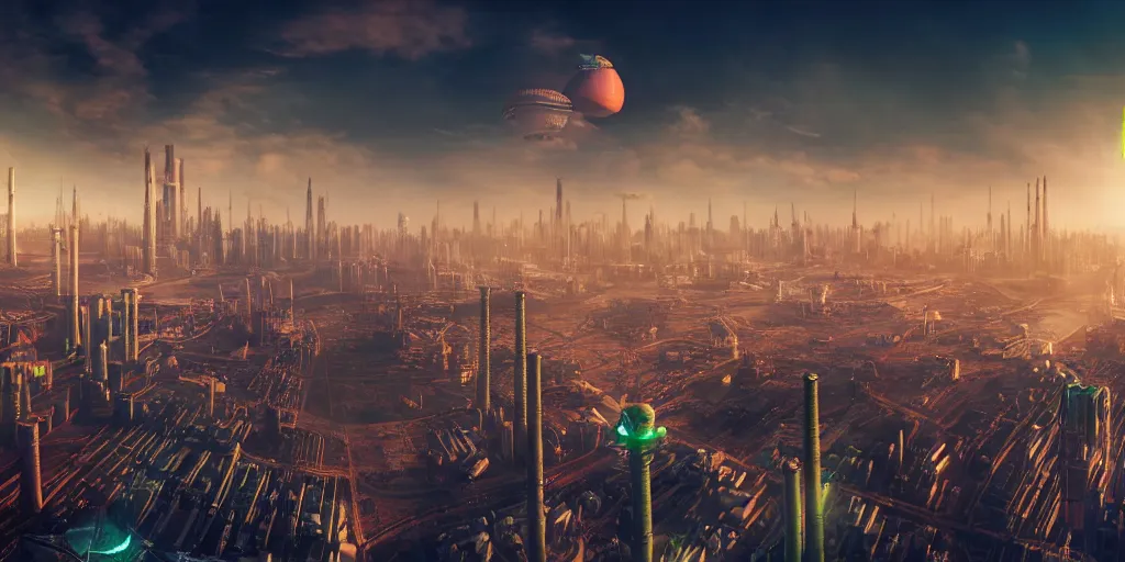 Image similar to big futuristic city like coruscant, with a yellow green smog sky, cinematic lighting, power plants with smoke, factories, tall metal towers, flying metal orbs with red lights, flying vehicles, a big moon in the sky, one blimp in the distance, hd 4k photo