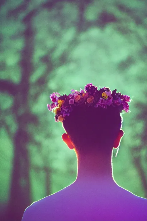 Image similar to kodak portra 4 0 0 photograph of a skinny guy looking into a otherworldly portal, flower crown, back view, vaporwave colors, grain, moody lighting, moody aesthetic,