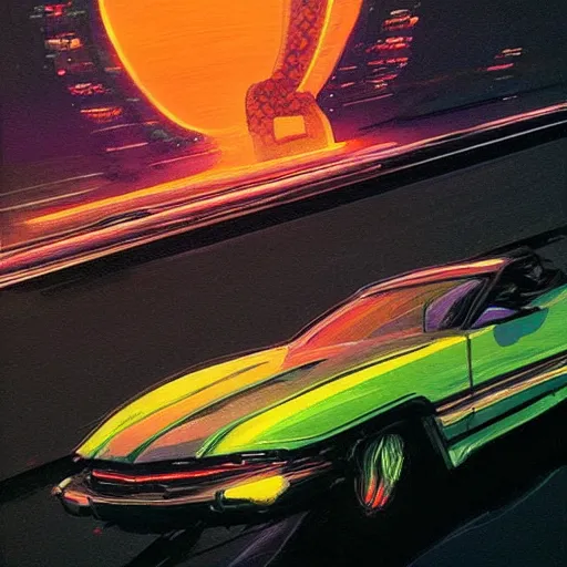 Image similar to a beautiful artwork of a car on a highway at night, neon vibes, by Jerome Opeña, featured on artstation