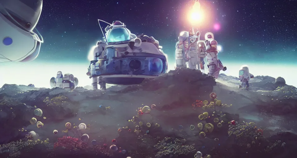 Image similar to astroneer chasing a distant spaceship Anime, wide angle, fine details, cinematic. galaxy starscape. realistic shaded lighting by Ilya Kuvshinov Giuseppe Dangelico Pino and Michael Garmash and Rob Rey greg rutkowski, octane render, IAMAG premiere, aaaa achievement collection, elegant freckles, cinematic hologram, fabulous, daily deviation, 4k, 8k, annual award winner