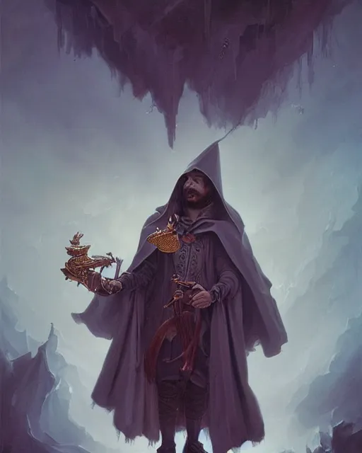 Image similar to baroque portrait of a shadowy man wearing a hooded cloak, playing a magical mandolin, gallery art by peter mohrbacher, artstation, artgate