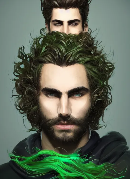 Image similar to a highly detailed illustration of young thick wavy messy haired guy wearing mechanical green face mask and brown noir coat, clean shaven, dramatic bored expression, intricate, elegant, highly detailed, centered, digital painting, artstation, concept art, smooth, sharp focus, league of legends concept art, wlop