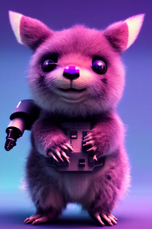 Image similar to high quality 3 d render post - cyberpunk very cute fluffy! wombat!! cyborg, mechanical paw, highly detailed, unreal engine cinematic smooth, in the style of detective pikachu, hannah yata charlie immer, neon purple light, low angle, uhd 8 k, sharp focus