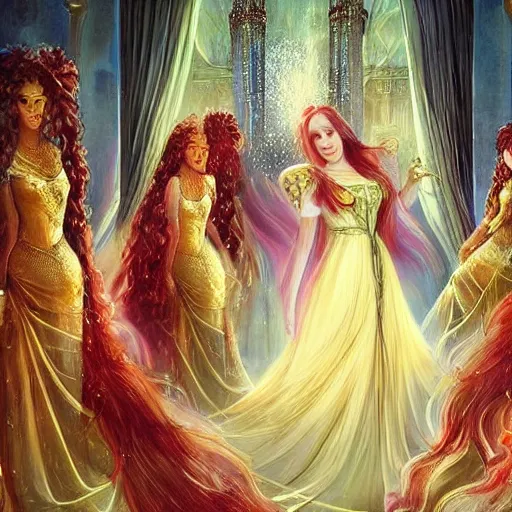 Prompt: Fantastic, fairytale painting, Beautiful, sorceress, long flowing red hair, light emitting from fingertips, hovering, ornate gown, royalty, surrounded by a crowd of people, onlookers, kingdom, royal court