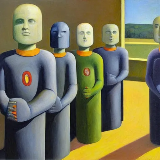 Prompt: queue of super - intelligent robots with kind eyes portrait, grant wood, pj crook, edward hopper, oil on canvas