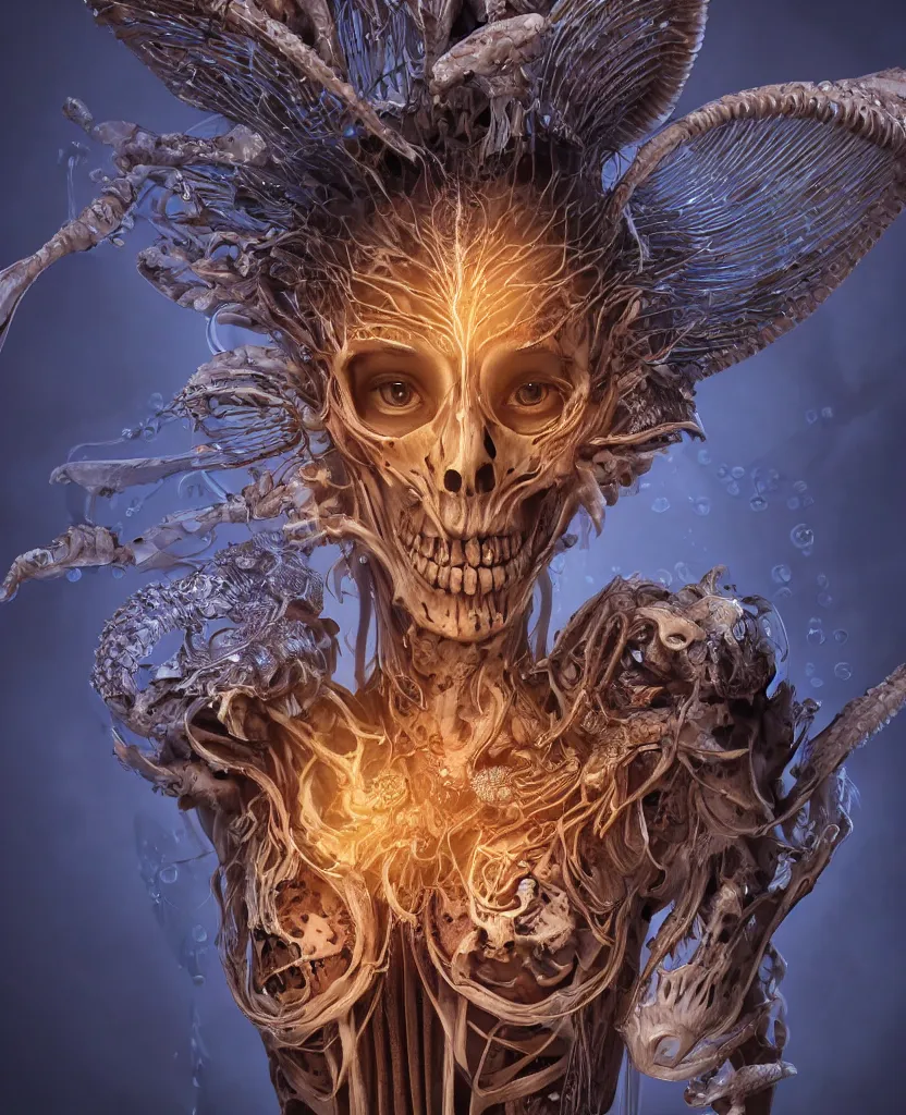 Image similar to close-up macro portrait of the face of a beautiful princess with animal skull mask, epic angle and pose ribcage skeleton, symmetrical artwork, 3d with depth of field, blurred background, cybernetic jellyfish female face skull phoenix bird, translucent, nautilus, energy flows of water and fire. a highly detailed epic cinematic concept art CG render. made in Maya, Blender and Photoshop, octane render, excellent composition, cinematic dystopian brutalist atmosphere, dynamic dramatic cinematic lighting, aesthetic, very inspirational, arthouse. y Greg Rutkowski, Ilya Kuvshinov, WLOP, Stanley Artgerm Lau, Ruan Jia and Fenghua Zhong