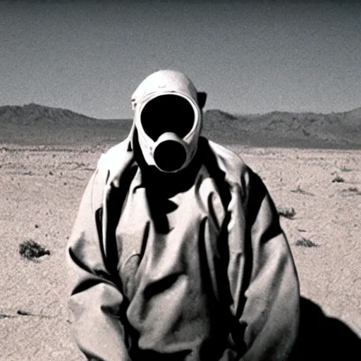 Image similar to a man wearing a hazmat suit and gasmask in desert, arriflex 35, film still, cinematic composition