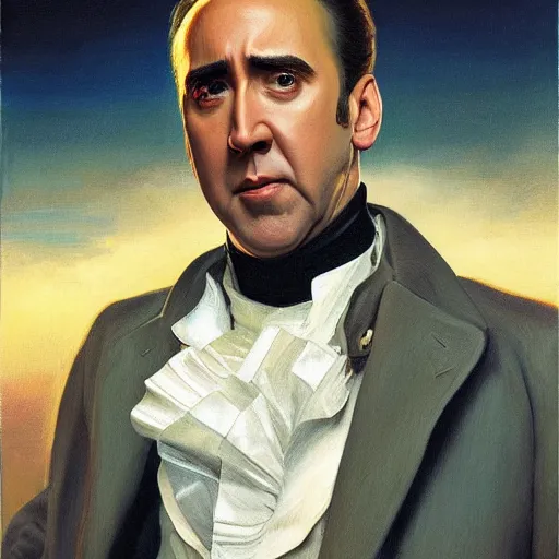 Image similar to Nicolas Cage as an Android, oil on canvas, golden hour, artstation, by J. C. Leyendecker and Peter Paul Rubens,