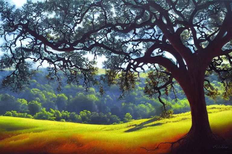 Image similar to masterpiece painting of oak trees on a hillside overlooking a creek, dramatic lighting, by cliff childs