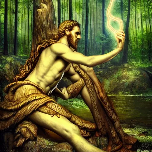 Prompt: greek gods, in forest, three eyed, wide wide shot, feet in water, colors, eyes in forehead, ground very detailed, wet eyes reflecting into eyes reflecting into infinity, beautiful lighting