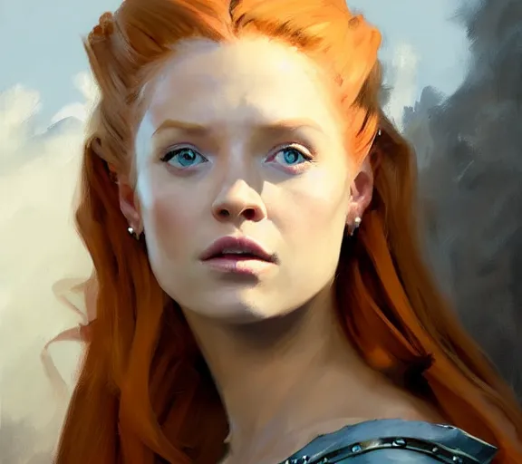 Image similar to greg manchess portrait painting of ginger beautiful princess as game of throne character, medium shot, asymmetrical, profile picture, organic painting, sunny day, matte painting, by greg rutkowski, by greg tocchini, by james gilleard, by joe fenton, dynamic lighting, gradient light blue, brown, blonde cream and white color scheme, grunge aesthetic
