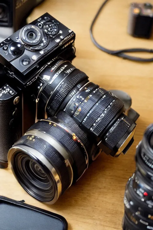 Prompt: The most complex looking camera like machine ever made, internals revealed photo taken by someone who doesn't know how to use a camera by Annie Lebovitz and Steve McCurry Ultra detailed, hyper realistic, 4k