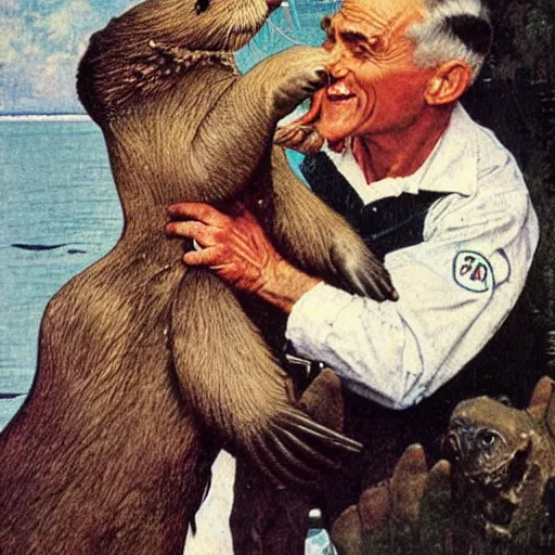 Image similar to a Norman Rockwell painting of a humanoid sea otter dentist