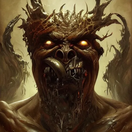 Prompt: Dark Fantasy Painting of a hulking muscular demonic flesh creature with drool dripping from its mouth, creepy, unsettling, horror, upper body, intricate, wild, highly detailed, digital painting, artstation, concept art, smooth, sharp focus, illustration, art by artgerm and greg rutkowski and alphonse mucha