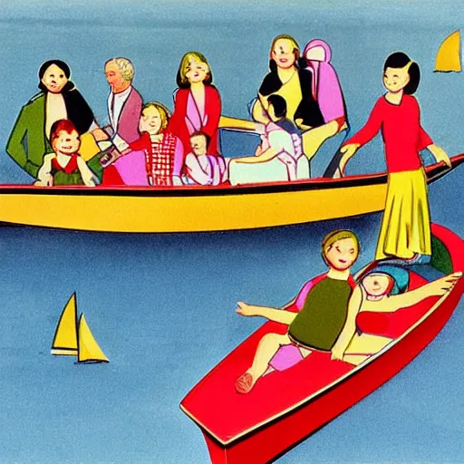 Prompt: The installation art depicts a group of well-dressed women and children enjoying a leisurely boat ride on a calm day. The women are chatting and laughing while the children play with a toy boat in the foreground. children's illustration, 1970s grainy vintage illustration by Tony Oursler, by Georges de La Tour magnificent