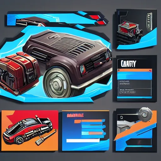 Image similar to car engine, car parts concept, card, comic page, realistic fortnite, ui card