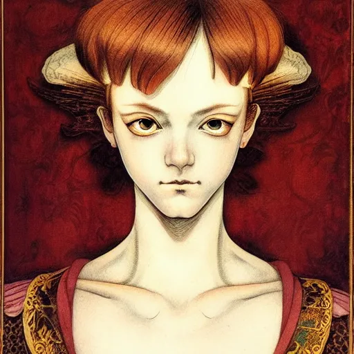 Prompt: prompt: Portrait painted in renaissance style drawn by Katsuhiro Otomo, inspired by Fables, china doll face, smooth face feature, intricate oil painting, high detail, sharp high detail, manga and anime 2000