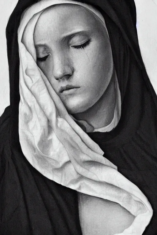 Prompt: hyperrealism extreme close-up portrait of ten young beautiful nun sleeping, wearing hyper detailed black clothes, dark background, in style of classicism