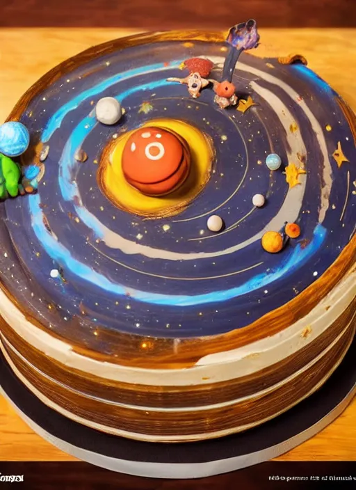 Image similar to a cake with all planets on it, au naturel, hyper detailed, digital art, trending in artstation, cinematic lighting, studio quality, smooth render, unreal engine 5 rendered, octane rendered, art style by pixar dreamworks warner bros disney riot games.