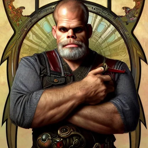 Image similar to full portrait of paul teutul as colonel wednesday bologna, fantasy, d & d, intricate, detailed, by by alphonse mucha, adolfo hohenstein, alice russell glenny, stanley artgerm lau, greg rutkowski, detailed, trending on artstation, trending on artstation, smooth