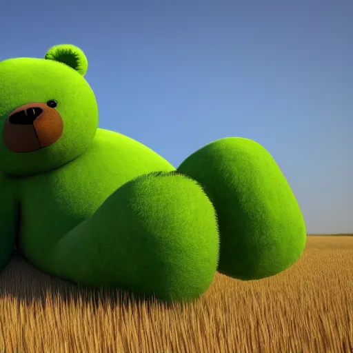 Image similar to Giant green gunmy bear sitting in a wheat field, dslr, 8k, photorealistic, cinematic, ray tracing,