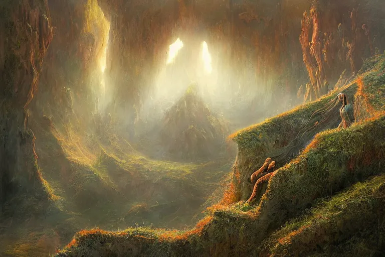 Image similar to amazing concept painting, by Jessica Rossier and HR giger and Beksinski, prophecy, hallucination, cliff face terraces of fantasy foliage, Angel of the LORD, Adam, Eve, Serpent, garden of eden, lush fruit orchard stream and rock garden